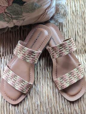 Lucky Brand Women's Woven Pink and Cream Double-Strap Slide Sandals